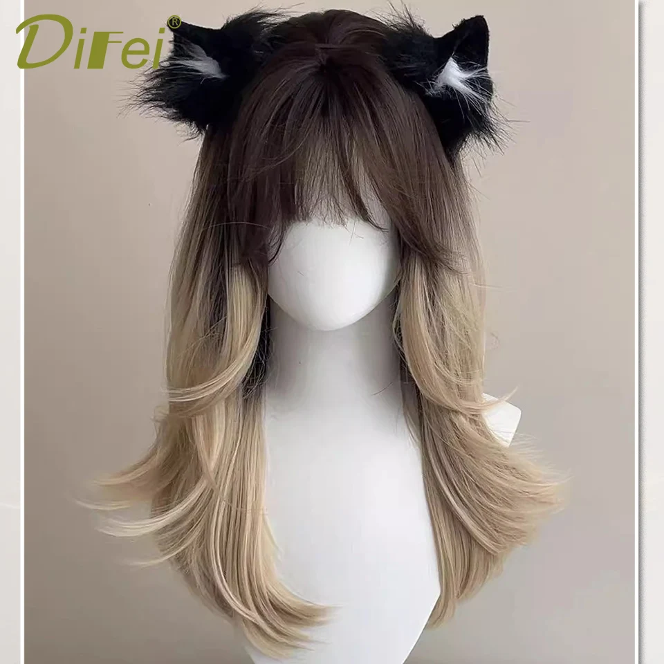 Tiger-spotted Siamese Cat Gradient Synthetic Wig Female Wild Naughty Gradient Layered Medium Long Straight Hair Wig