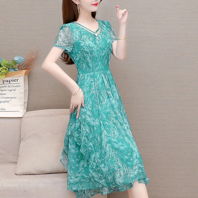 Female Clothing Ruffle Irregular Vintage Elegant Dresses for Women 2023 Summer Trendy V Neck Print Short Sleeve Slim Mini Dress