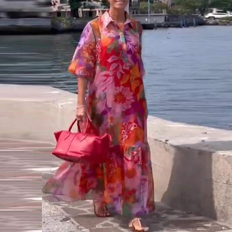 Abito taglie forti da donna Abito lungo stampato con fiori colloari rovesciati Abiti Boho Beach Holidyay per donna Mezza manica casual ampia