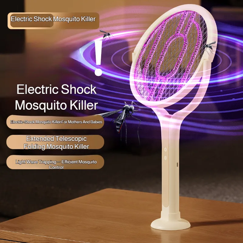2 in 1 Electric Mosquito Swatter USB Rechargeable Rotating Head Bug Zapper Racket Telescopic Fly Swatter with UV Light for Home