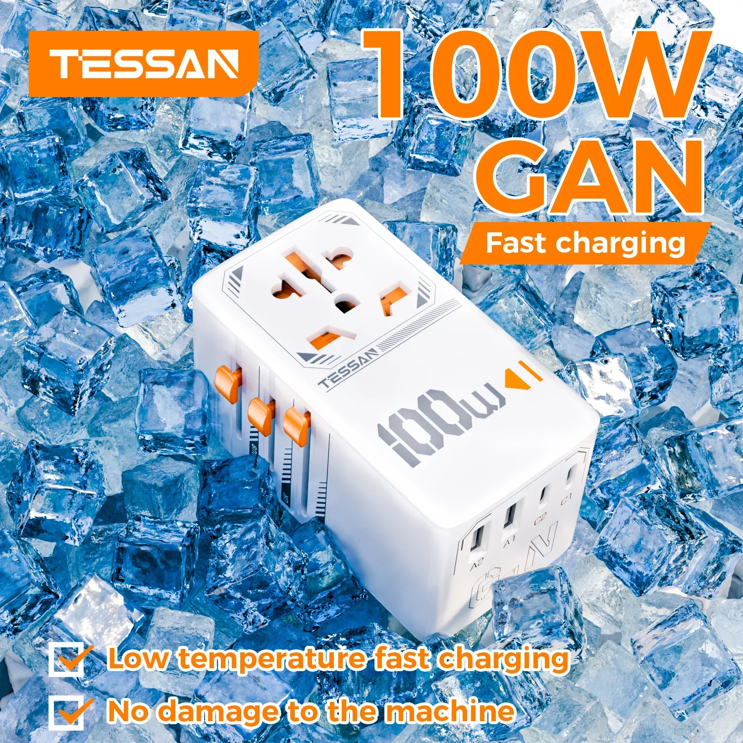 TESSAN 100W GaN Universal Travel Adapter with 2 USB Dual Type C PD 3.0 All-in-one Travel Charger EU/UK/USA/AUS Plug for Travel