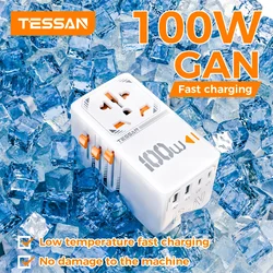 TESSAN 100W GaN Universal Travel Adapter with 2 USB Dual Type C PD 3.0 All-in-one Travel Charger EU/UK/USA/AUS Plug for Travel