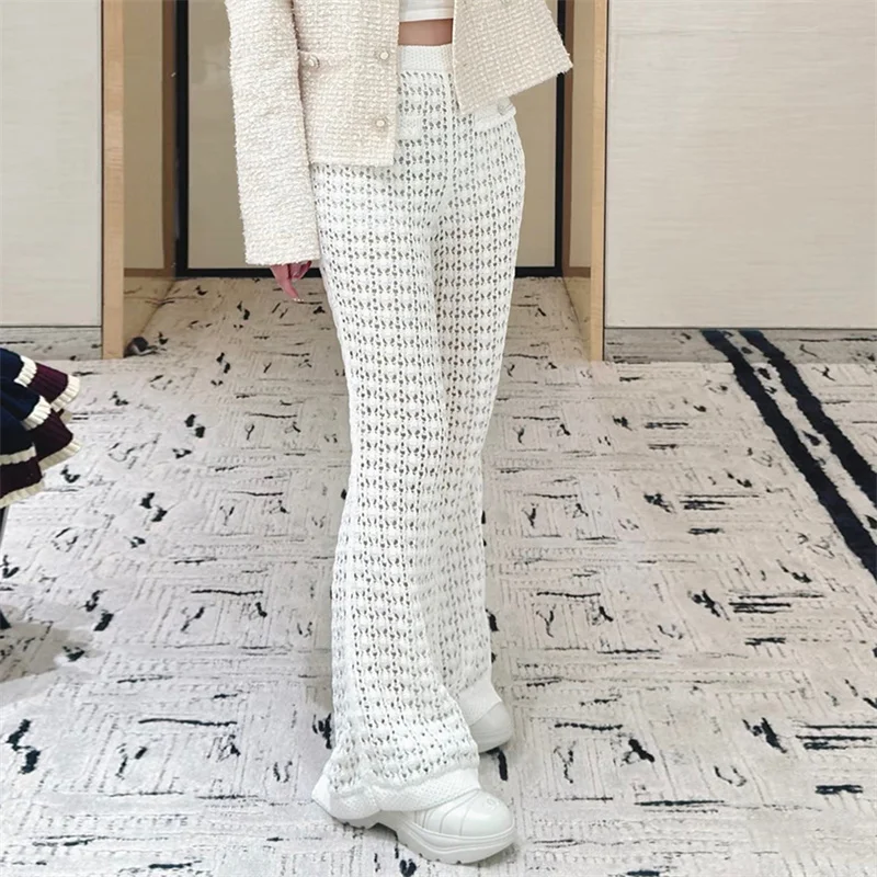 Women's New Fashion White Hollow-Out Knitted Flared Pants Crochet High-Waisted Pants view 3