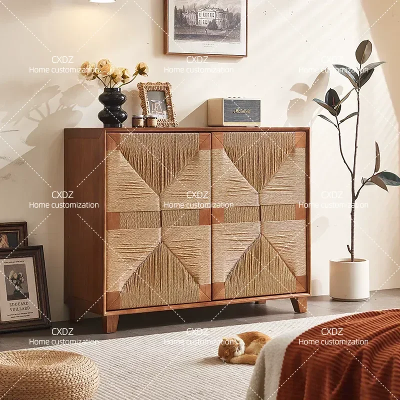 Solid Wood Rattan Cabinet Sideboard Retro Vintage Buffet Console Japanese Entrance Dining Living Room Storage Furniture