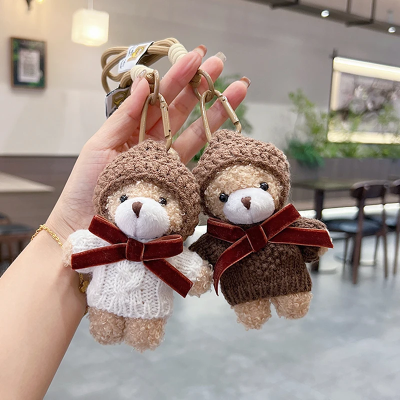 Creative Cartoon Sweater Set, Teddy Bear Keychain, Fashionable Mocha Teddy Bear Bag Pendant, Plush Couple Style Car Keychain Gif