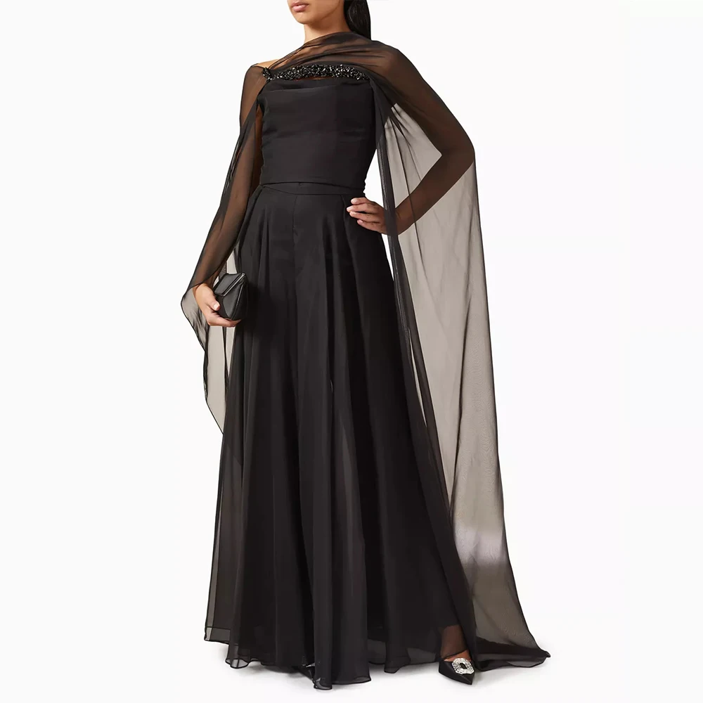 

Beaded Evening Dresses with Long Cape Strapless Prom Dress for Wedding Guest Modern Women Elegant Party Cocktail Gowns Long