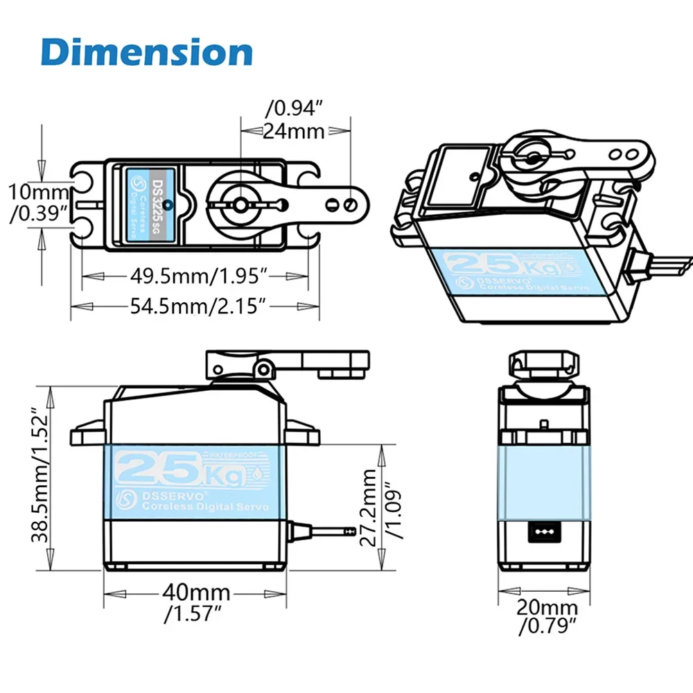 Serwo cyfrowe DS3225 Pro 25KG Coreless 180 ° /270 °   Wodoodporne metalowe przekładnie, szybkie, do samochodów RC 1:8, 1:10, 1:12 i robotów.