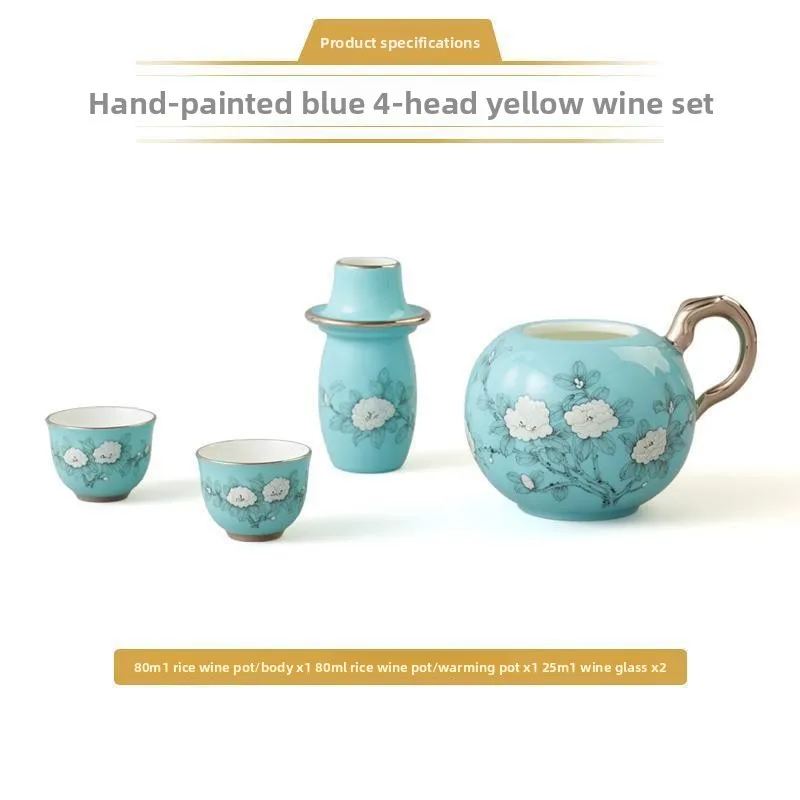 Hand-painted blue 4-head yellow wine set, ceramic wine jug wine glass set, luxury gifts