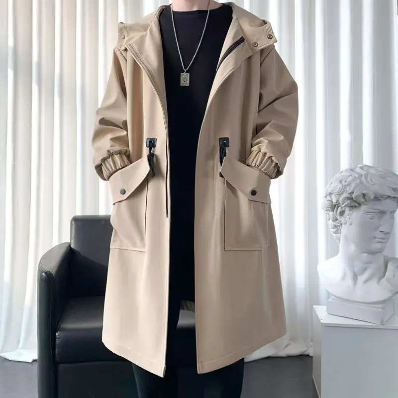 Autumn Winter Windbreaker Men Long Safari Windbreaker Korean Trend Oversize Casual Coat Trendy Handsome Hooded Jacket
