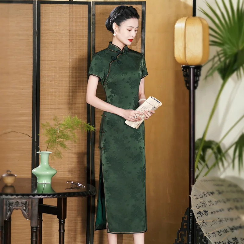 

Высокое качество, новое китайское элитное платье Cheongsam Qipao из натурального шелка 2024, повседневное улучшенное женское платье в национальном стиле в стиле ретро, длинное
