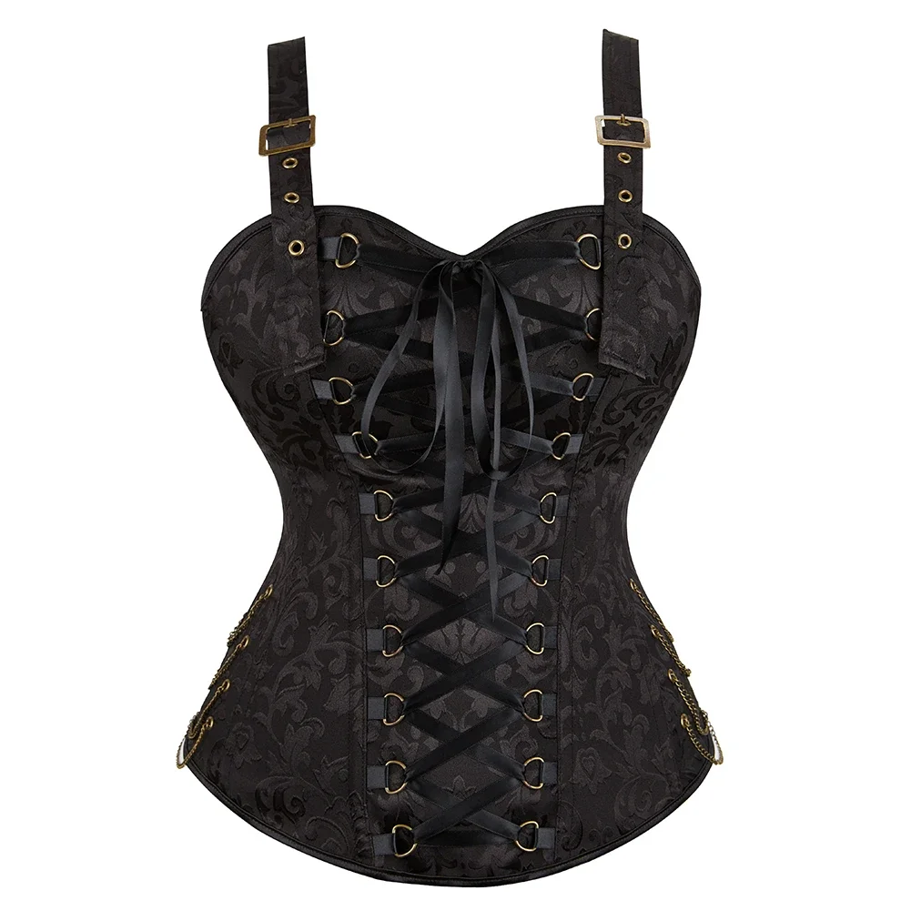 

Women Steampunk Corsets Tops Gothic Black shoulder Strap Overbust Bustier Vintage Victorian Zipper Korset Vest Plus Size Corset