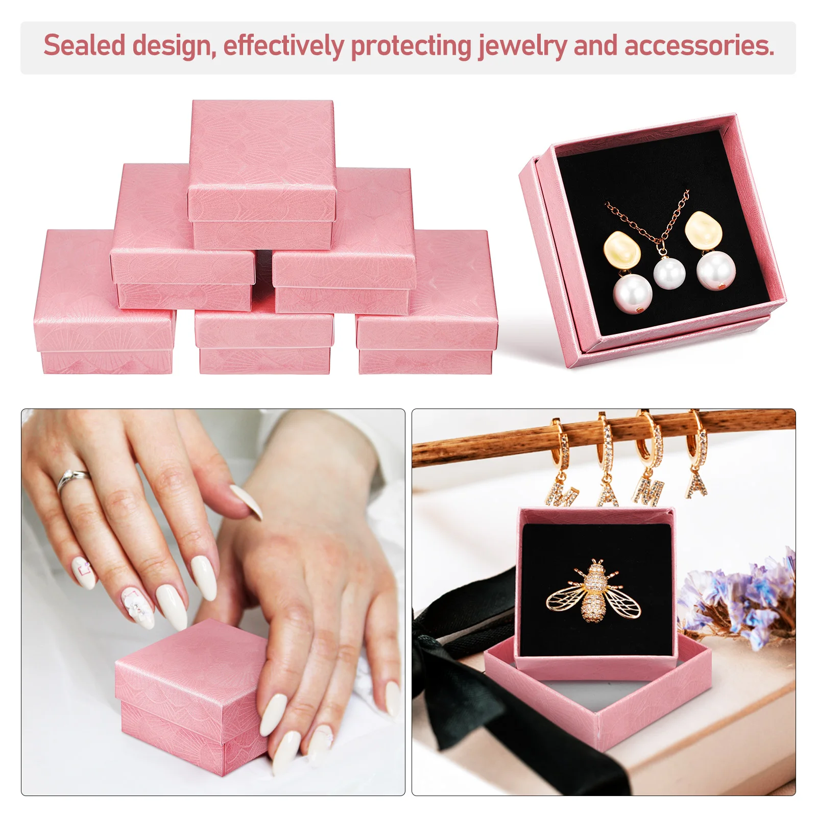 

24 pcs Pink Jewelry Boxes Black Sponge Ring Boxes Display Earrings Organizer Wedding Packaging Accessories Holder
