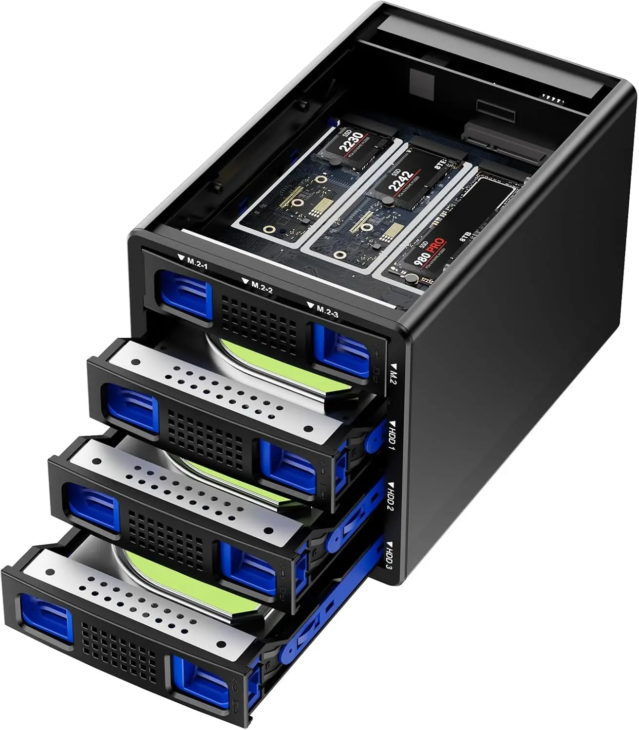 

Гибридный корпус для 3*2.5/3.5-дюймовых SATA HDD/SSD + 3* M.2 NVMe с вентилятором охлаждения, USB A/C 3.2 Gen 2, поддерживает до 90 ТБ памяти