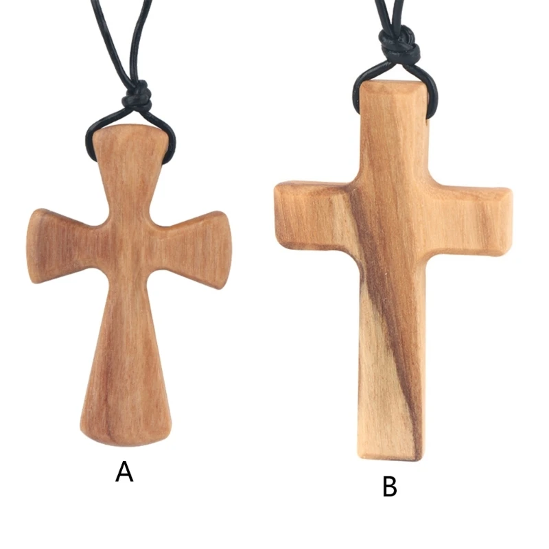 Hand-carved Tapered Wood Cross-shape Necklace Long Leather Rope Adjustable Olive Wood Pendant for Boys Girls Men Women