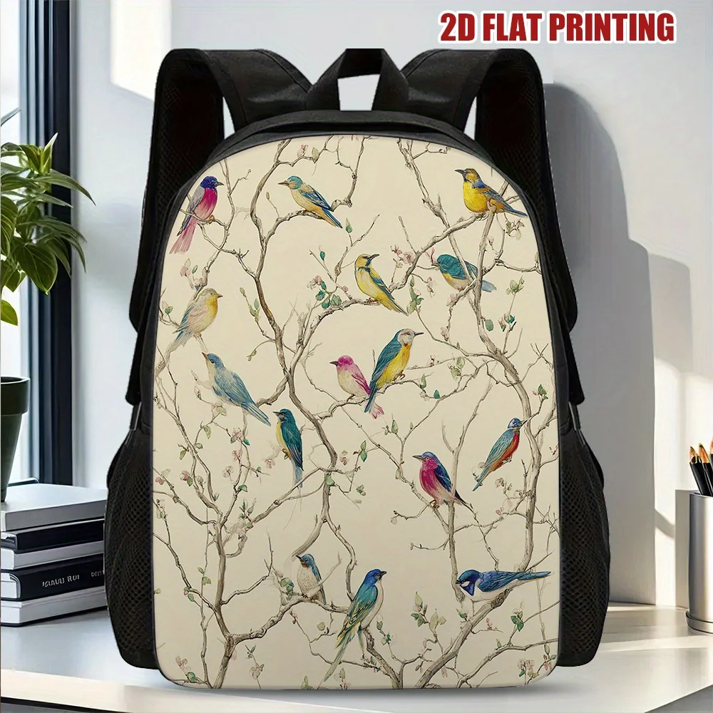 

1 Stylish Colored Bird and Floral Print Backpack - Lightweight Polyester School Bag, Removable Adjustable Shoulder Strap