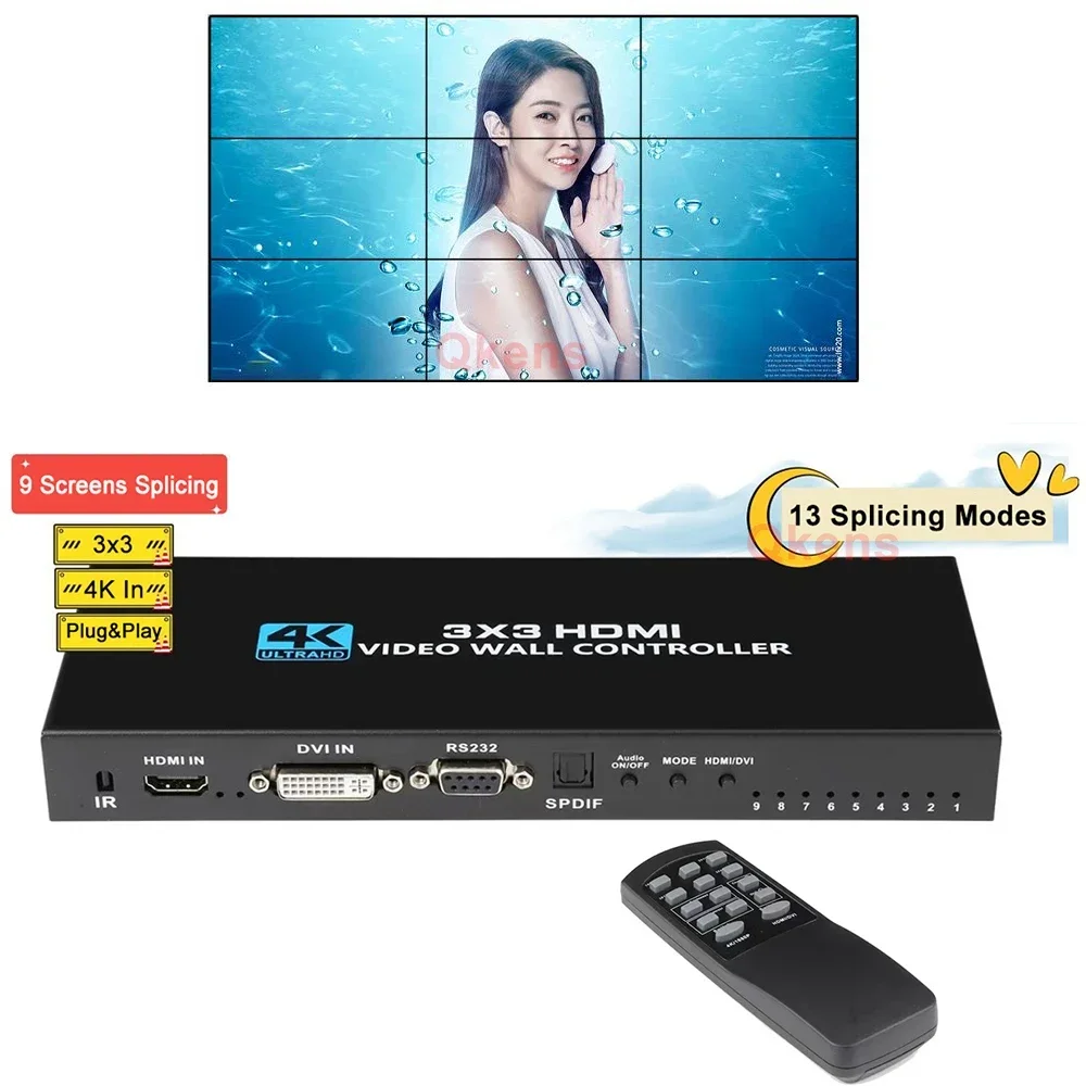 

Контроллер видеостены 4K 3X3 DVI HDMI Настенный контроллер ТВ-стера Процессор сращивания 1X3 2x3 2x4 4x2 9 Экранный ТВ-сварщик с RS232