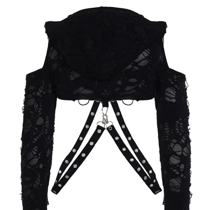 2025年新作 ユニーク ダメージ加工 ゴシック サブカルチャー レディース トップス パーカー 長袖 オフショルダー セクシー 多機能 ショート丈 Tシャツ