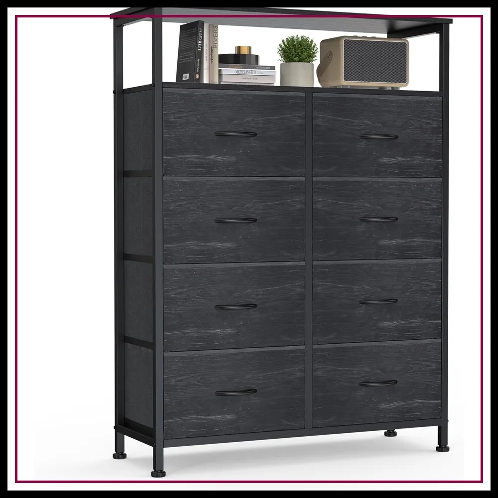 

8-Drawer Fabric Dresser with Raised Shelf, Tall Storage Tower for Bedroom, Closet, Hallway, Black Wood Grain Print