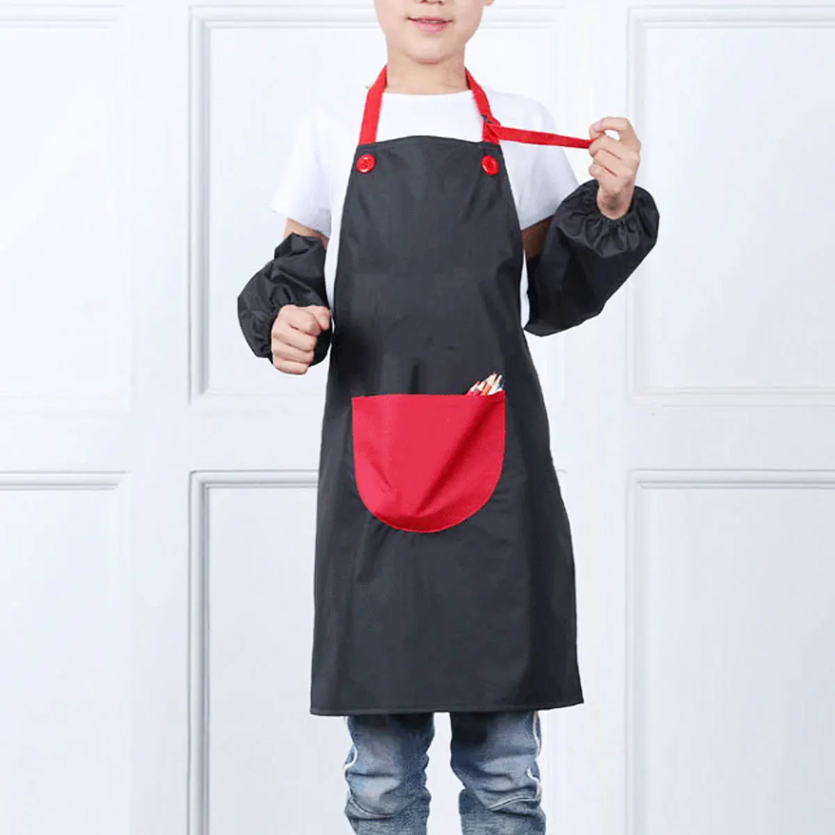 

1pc Painting Apron Waterproof Reusable Art Aprons With Pocket For Cooking Grilling 8-12 Years Black