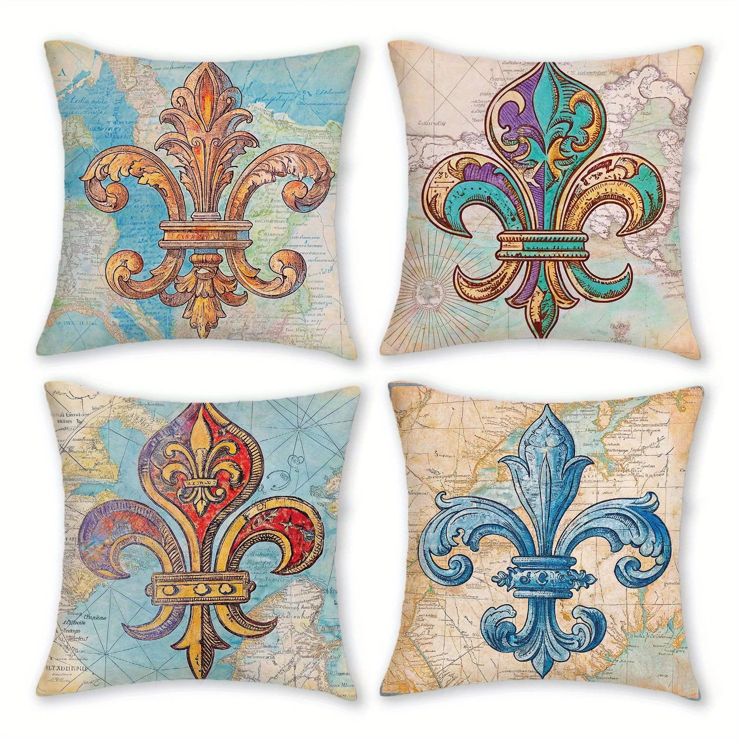 4pcs Short Plush Fleur-de-Lis Throw Pillow Covers 18x18 Inch, Vintage French Country Decor with Zipper Closure,