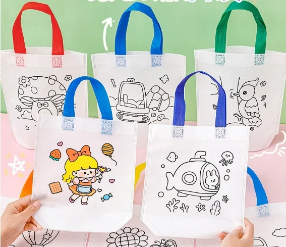 5 conjuntos diy graffiti saco com marcadores pintura artesanal saco não tecido para crianças artes artesanato cor enchimento desenho sacos brinquedo