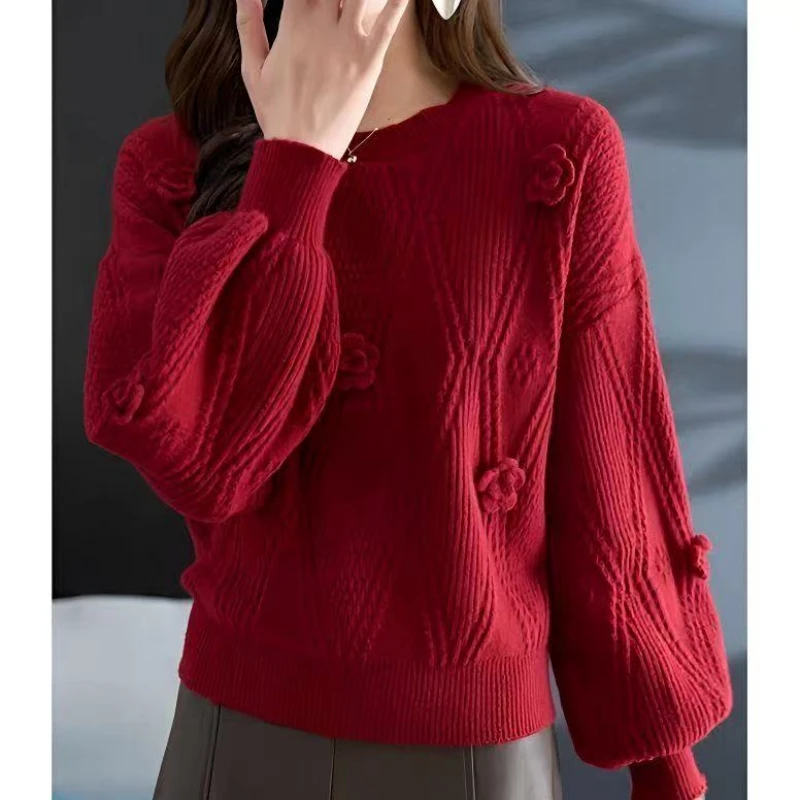 Solid Color 3D Flower Beautiful Pullover Sweater for Women Autumn Winter Loose Lantern Sleeve Knitted Top Fashion Women Clothing 5 Solid Color 3D Flower Beautiful Pullover Sweater for Women Autumn Winter Loose Lantern Sleeve Knitted Top Fashion Women Clothing 5