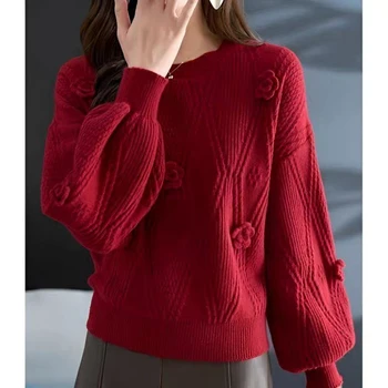 Women's 3D Flower Lantern-Sleeve Knit Sweater 5 Solid Color 3D Flower Beautiful Pullover Sweater for Women Autumn Winter Loose Lantern Sleeve Knitted Top Fashion Women Clothing 5