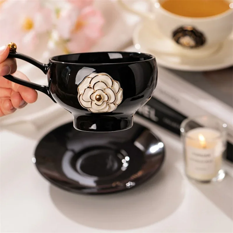 High-Grade Exquisite Cup 2025 New Three-Dimensional Camellia Coffee Cup Saucer Ceramic Cup Red White Black Suit 280ML