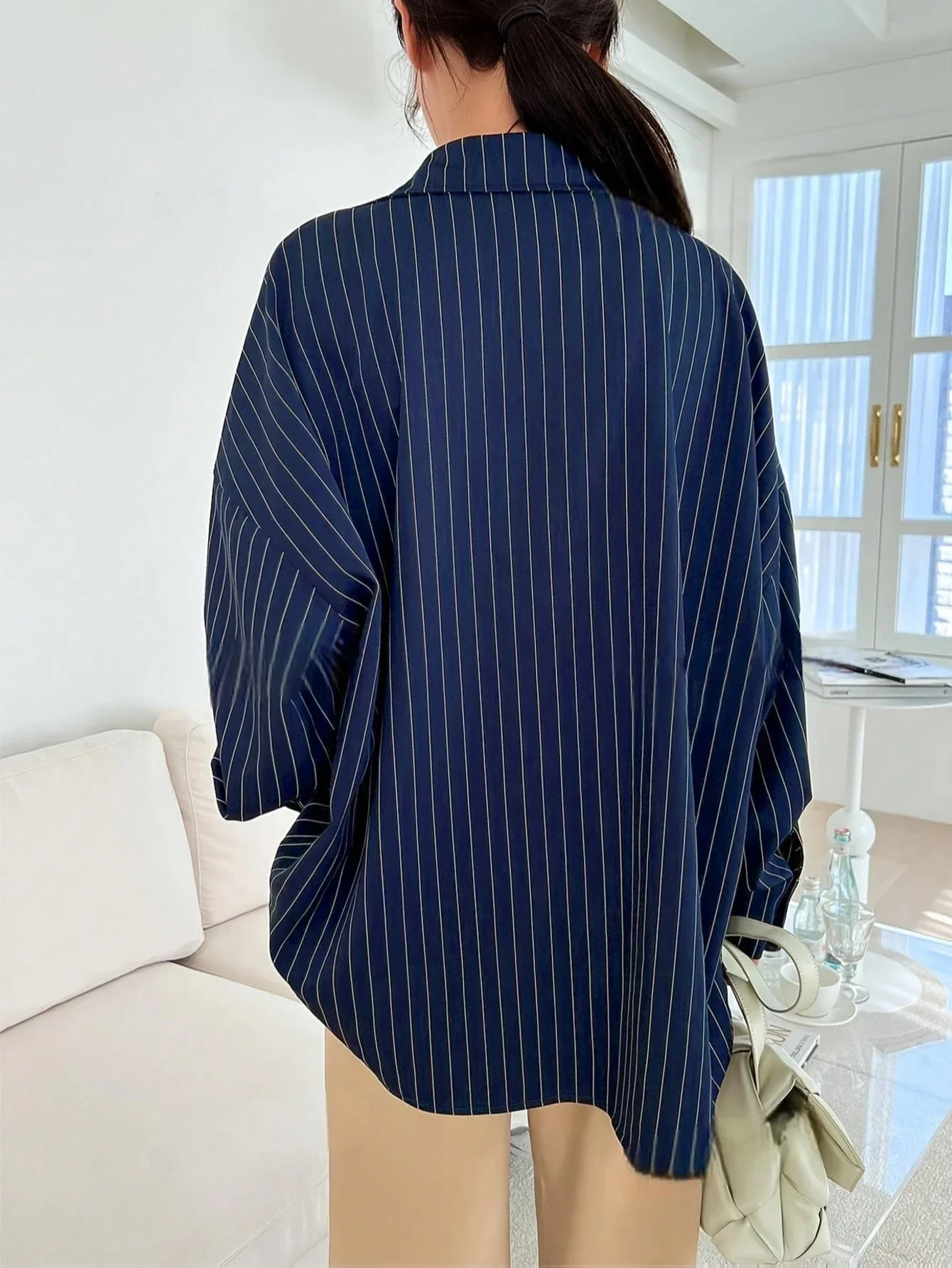 

Navy Blue White Stripe Long Sleeve Button Front Shirt Loose Fit Casual