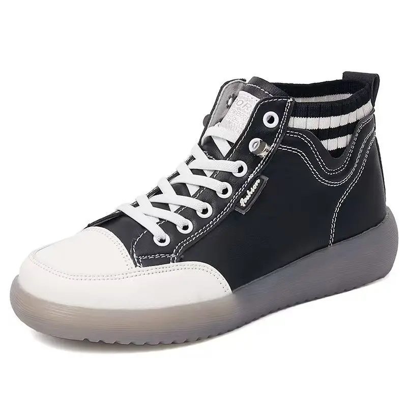 

Women's Leather High Top Casual Board Shoes Spring Autumn New Flat sole Round Toe Waterproof Light Non Slip Little White Shoes