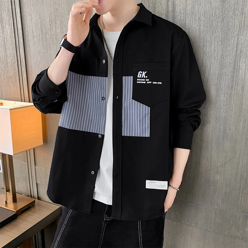 

Color Block Long Sleeve Shirt Men's Loose Fit Fashionable Korean Style Casual Striped Pattern Square Collar Spring Shirt