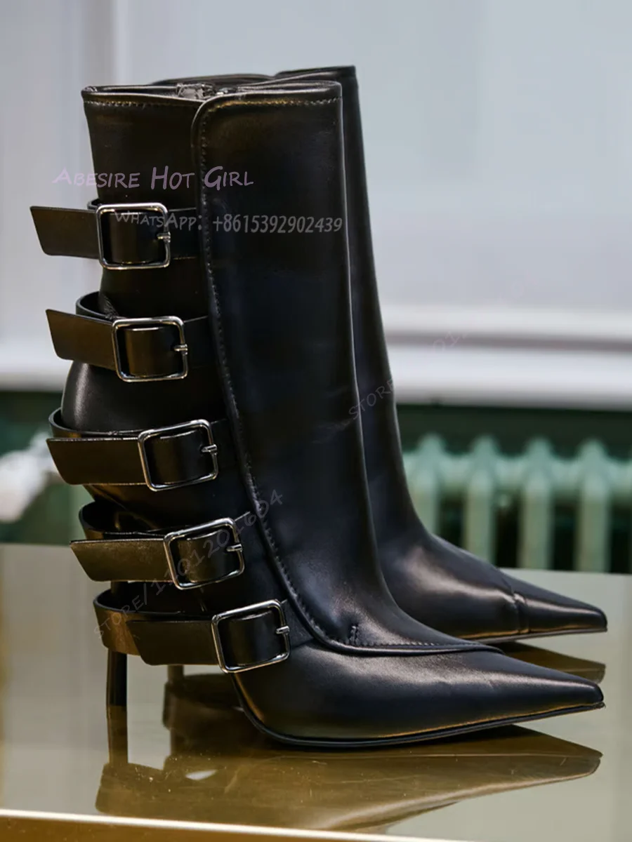 

Buckle Strap Black Calf Leather Boots Women Pointed Stiletto Metal Lock Design Brown Cool Girl Zipper Spring Casual Party Shoes