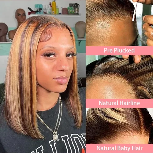 Imagen 2 del producto Peluca de cabello humano con encaje frontal 4/27 Ombre 13x4, 100% cabello Remy, pelucas resaltadas de encaje transparente prearrancadas, peluca de cabello humano liso Bob