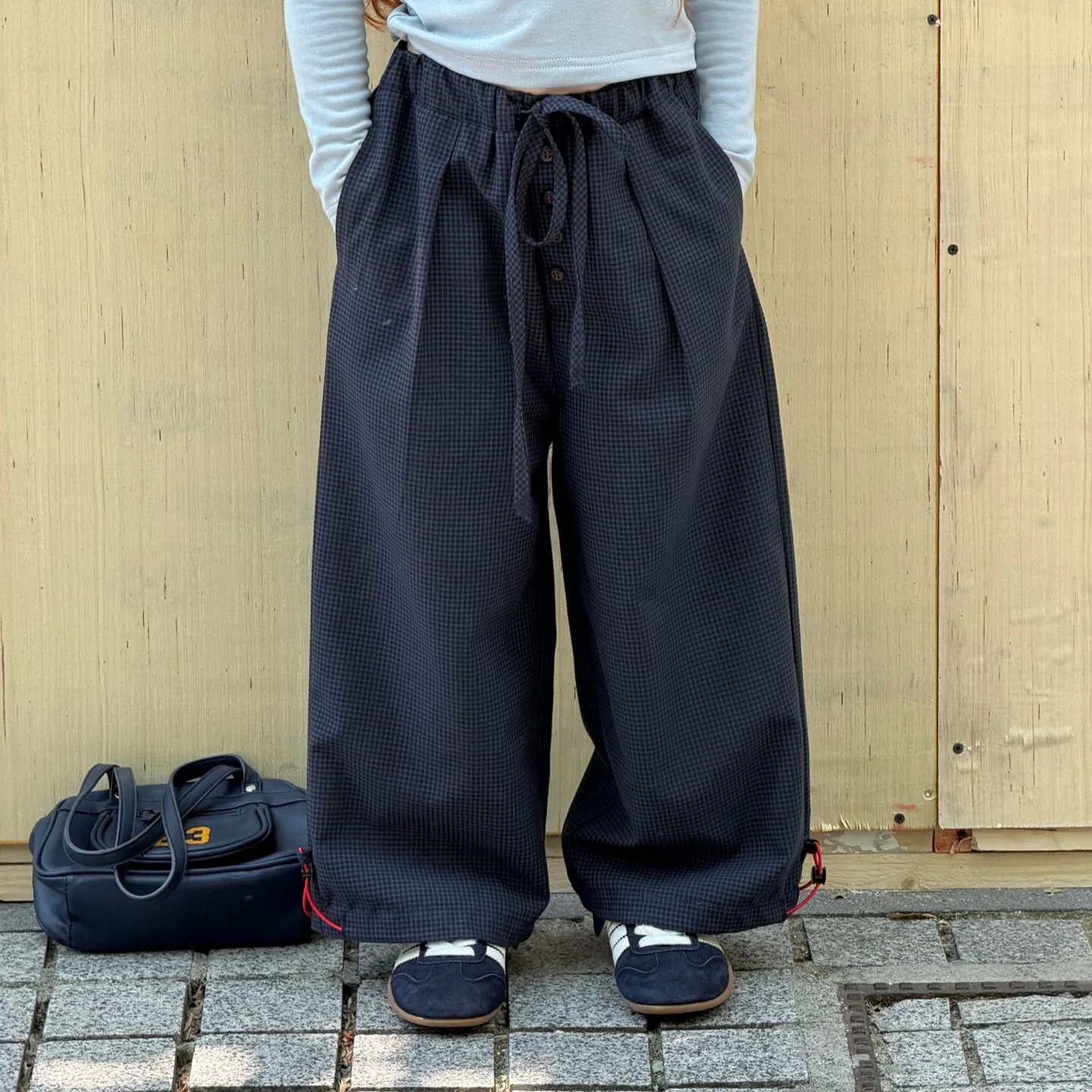 2026 Fall New Girls Cargo Pants Drawstring Button Wide Leg Pants Stylish Casual Plaid Long Pants Trendy