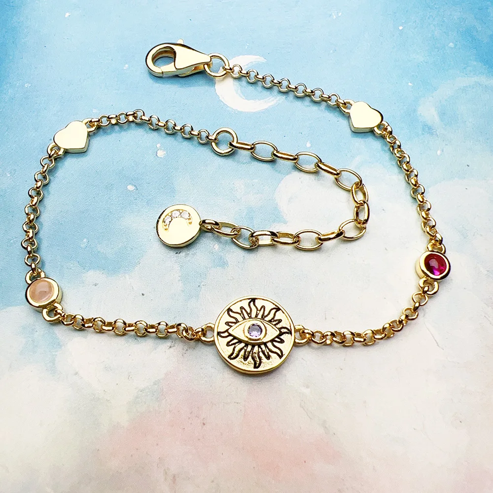 Yellow-Gold Plated Bracelet Sun Coin Brand New Link Chain 925 Sterling Silver Vintage Jewelry Summer Gift For Women