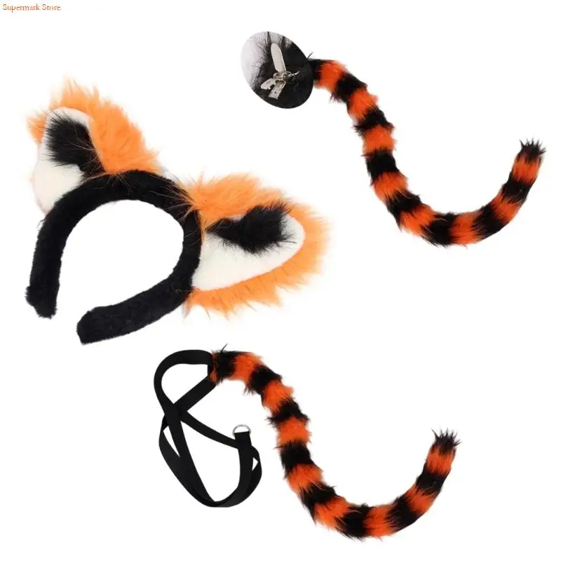 Q5WE Plush Raccoon Ears Headband Detachable Tail For Cosplay Party Daily Wear Unisex Soft Fabric Adult Lovely Headpiece
