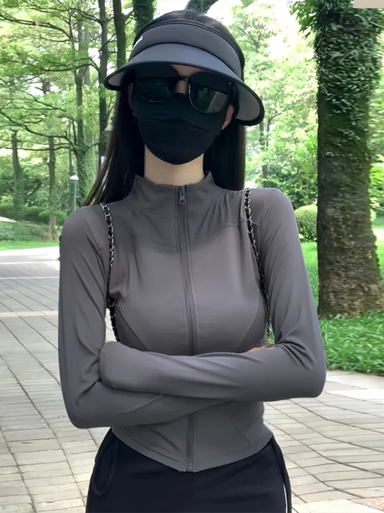 Gray Outdoor Ice Silk Stand Collar Women's Sun Protection Clothing Slim Fit Yoga Fitness Open Cardigan Outerwear Spring Summe...