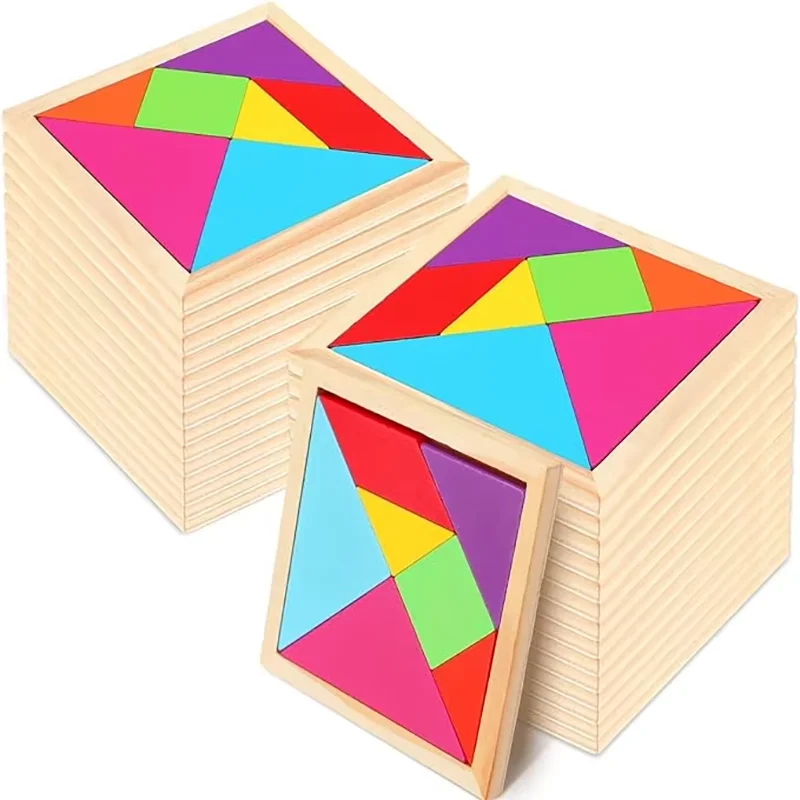 Drewniane puzzle Tangram dla dzieci z 7 kolorowymi elementami, edukacyjna zabawka edukacyjna dla chłopców i dziewczynek na imprezę