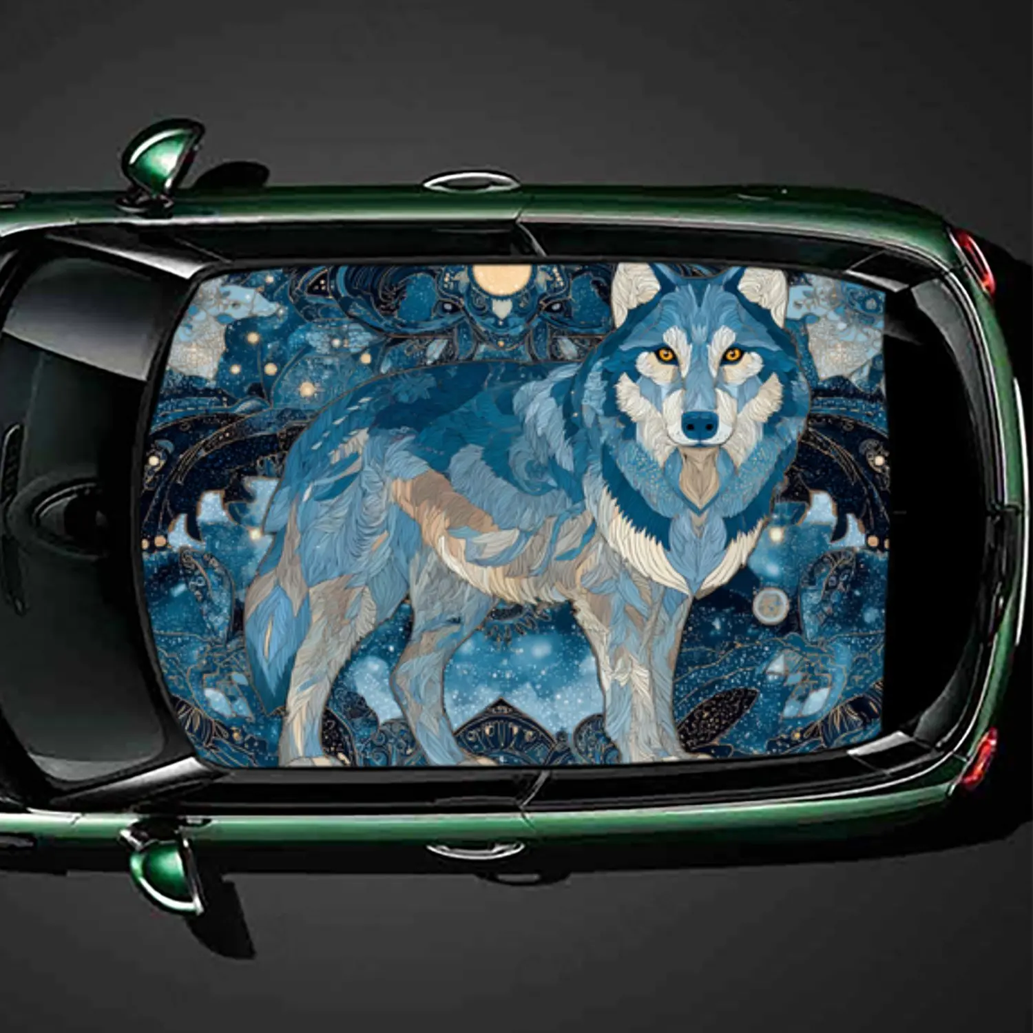 

Eye Catching Blue Pattern Wolf and Tree Car Roof Vinyl Wraps Sticker, Auto Decal, Artistic Vehicle Decoration, Self-adhesive Wat