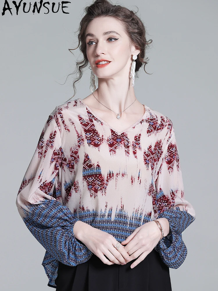 

AYUNSUE Высококачественная блузка из 100% тутового шелка, женская весенне-осенняя одежда 202, модные женские топы и блузки Блузка Женская