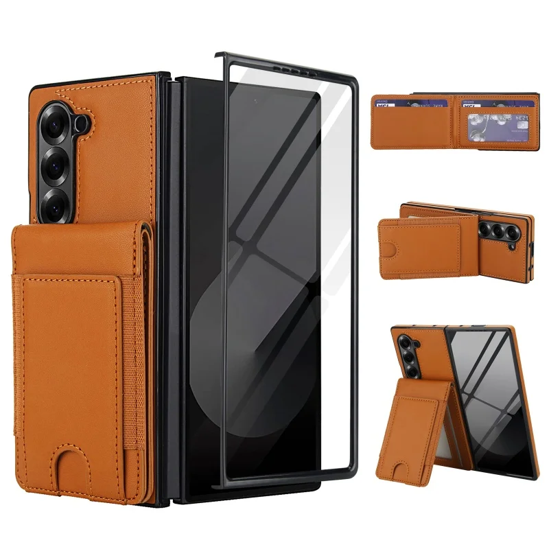 

Retro Pure Color Leather Phone Case For Samsung Galaxy Z Fold7 6 5 4 3 With Screen Protector Film Wallet Cards Bag Bracket Cover