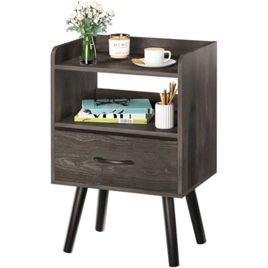 

Night Stand with Fabric Drawer, Modern Nightstand, Bedside Tables, Mid Century Nightstands with Open Storage Shelf, Wood Bedsid