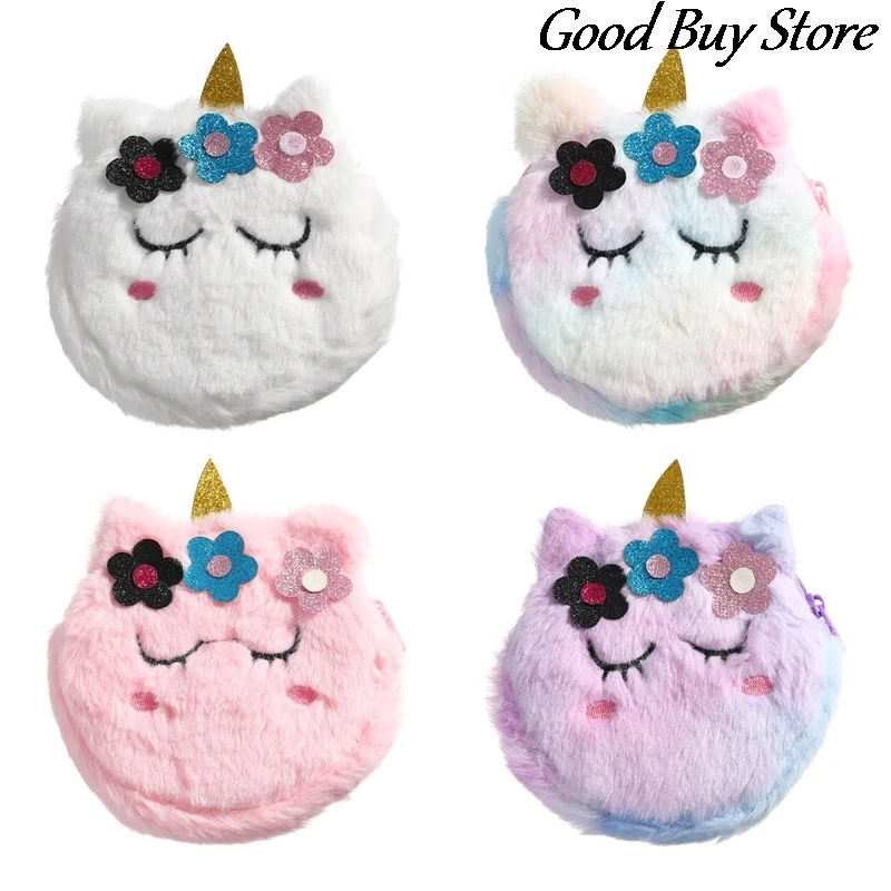 Kids Round Plush Purse Cartoon Unicorn Shoulder Bag Corduroy Handbags Children Circle Wallet Mini Key Earphone Organizer Bags