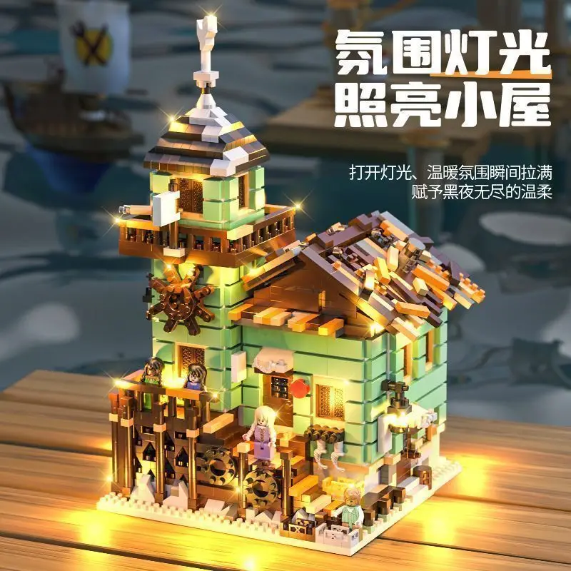 5800pcs Fisherman Hut Cabin Micro Bricks Retro Seaside House Cottage Building Blocks Creative Desktop Ornament Assembly Toy Gift