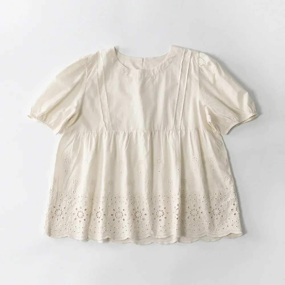 Cotton Floral Embroidery Eyelet Hollow Out Lace Puff Sleeve Babydoll Blouse Classy Kawaii Chic Elegant Sweet Tunic White Shirt