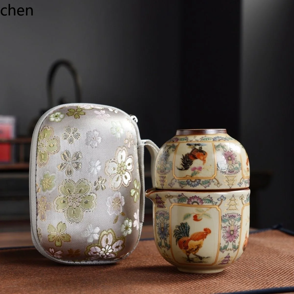 Ht   ru kiln travel tea set - portable one pot, three cups  - outdoor camping, souvenir, business gift tea set