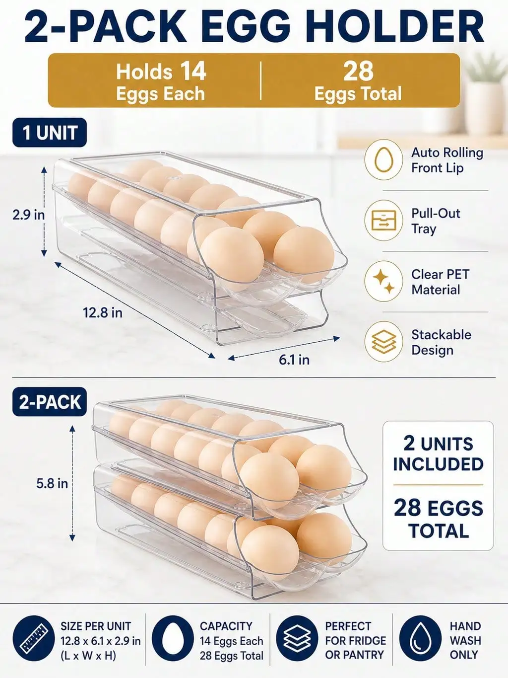 2-Pack Clear Automatic Rolling Egg Holder, Stackable Fridge Drawer Organizer, 28 Eggs Total, Egg Storage for Busy Homes