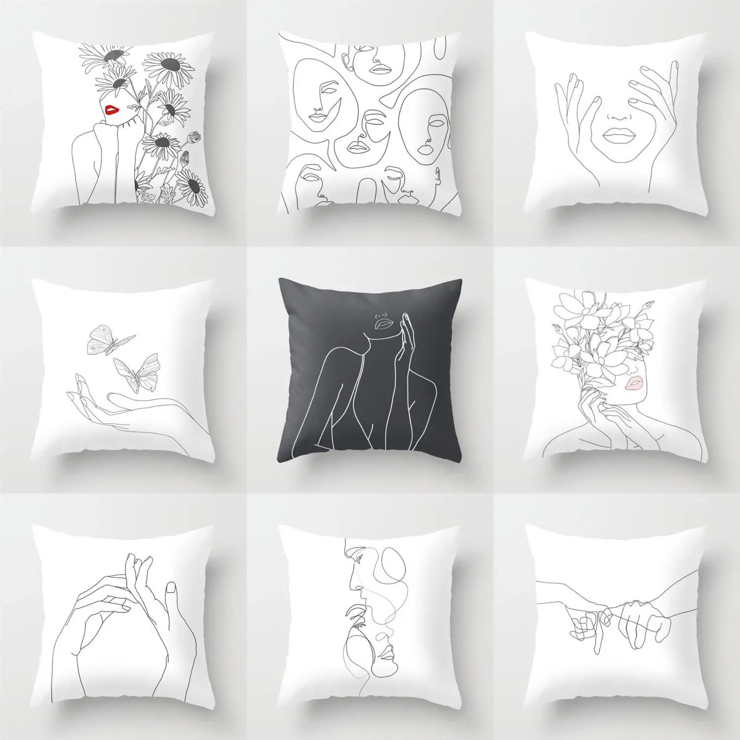 Modern Nordic Cushion Cover Sofa Decor Pillow White   Abstract Line Portrait Sketch Polyester Print