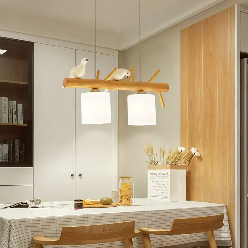 Japanese household solid wood restaurant chandelier Nordic simple dining room bar personality log wind led bird lamp