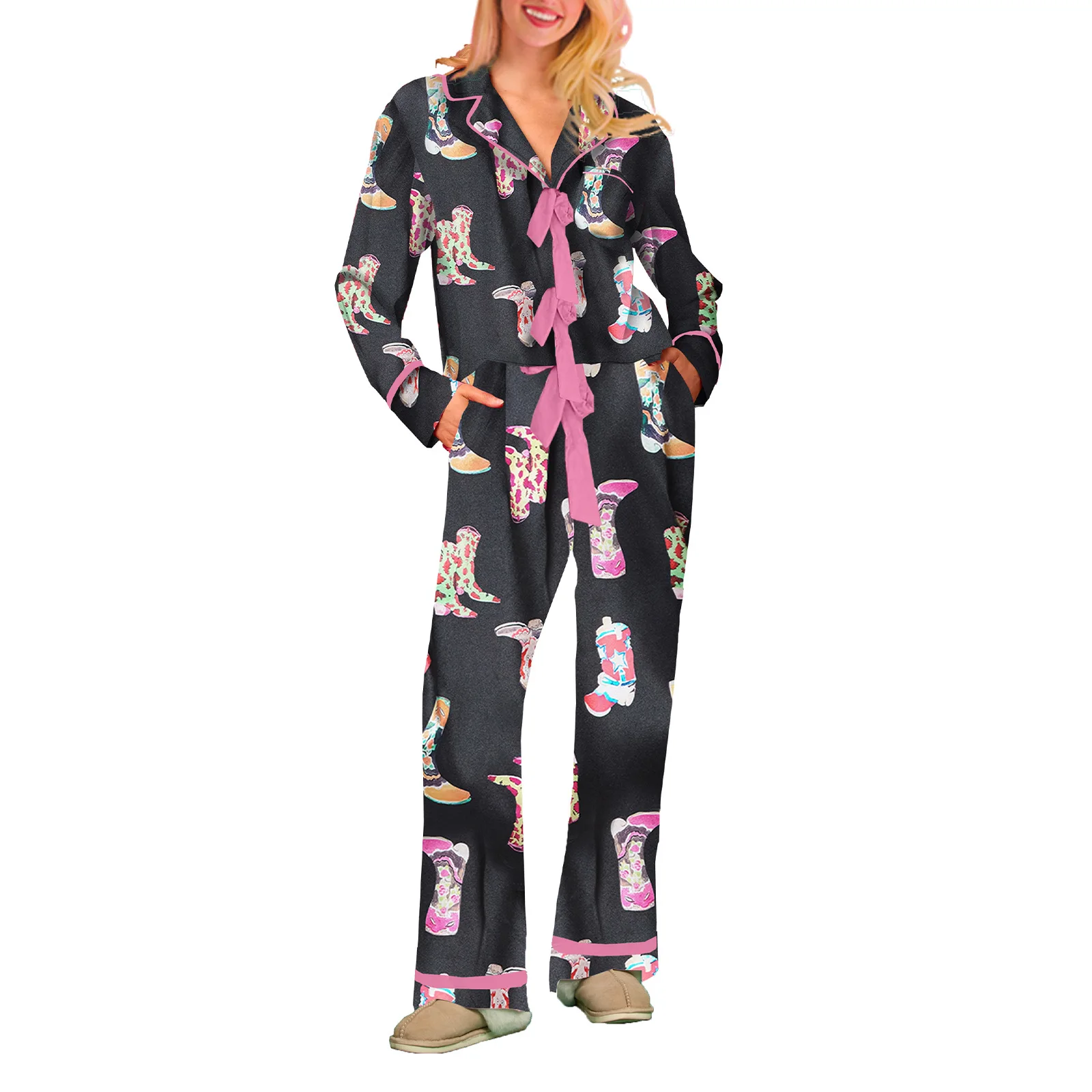 

Women's Casual Pajamas Set Long-Sleeve Home Wear Digital-Printed Loungewear Set,Autumn Long-Sleeved Pants Pajama Two-Piece Set
